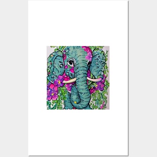 Cute elephant and flowers markers and watercolor painting Posters and Art